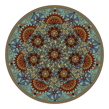 Zentangle yuvarlak renkli çiçek süsü. Arabesk elementleriyle süslü, yuvarlak dantel bir vektör. Mehndi tarzı. Geleneksel Doğu süsü.