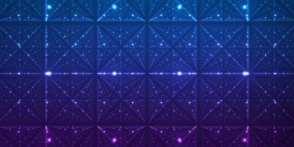ベクトル無限空間背景 深さと視点の錯覚を持つ輝く星の行列 点配列を格子ノードとする幾何学的背景 暗い背景を持つ未来宇宙 — ストックベクタ