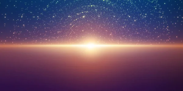 矢量无限空间背景 具有深度和透视的幻象的发光恒星矩阵 海上网络火热的日出 深紫色背景下的抽象未来主义宇宙 — 图库矢量图片