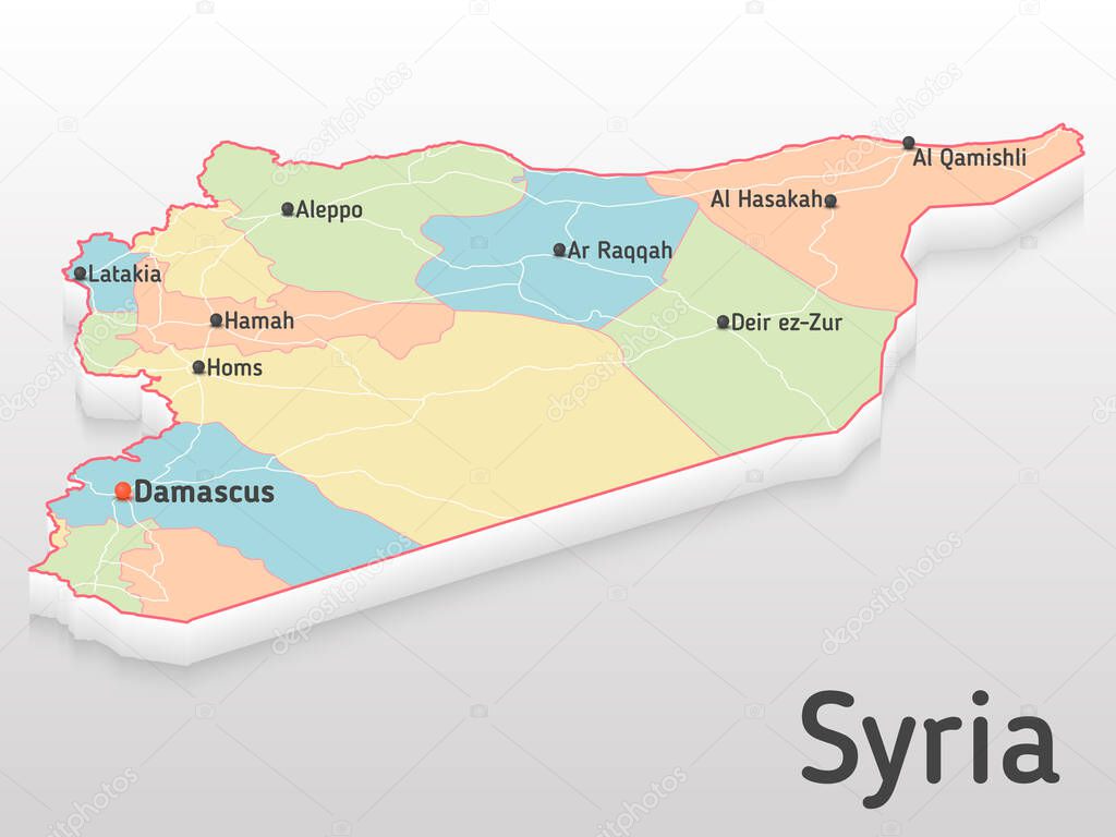 Syria map 3d with main cities and governorates. Volumetric map with cities and roads.