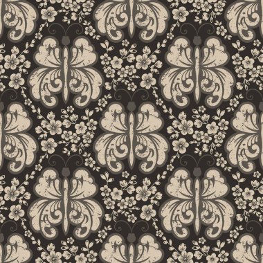 Çiçeksiz vektör desenli arka plan. Lüks çiçek süsü, duvar kağıtları için kusursuz kumaş, tekstil, ambalaj. Kelebekli enfes bir çiçek şablonu.