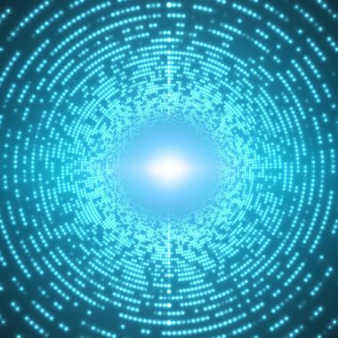 Mavi arka plandaki sonsuz parlak ışık tünelini yönlendir. Parlayan noktalar tünel sektörlerini oluşturur. Tasarımlarınız için soyut siber renk arkaplanı. Zarif modern geometrik duvar kağıdı.