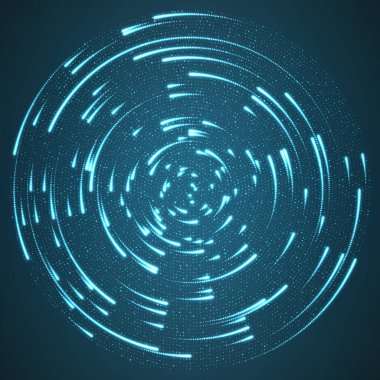 Merkezde parlayan vektör parçacıkları iz bırakarak uçuyor. Radar mavi arkaplan gibi. Dönen parlayan kuyruklu yıldızlar. Zarif modern geometrik duvar kağıdı.