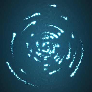Merkezde parlayan vektör parçacıkları iz bırakarak uçuyor. Radar mavi arkaplan gibi. Dönen parlayan kuyruklu yıldızlar. Zarif modern geometrik duvar kağıdı.