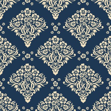 Vektör damask Dikişsiz desen arka plan. Klasik lüks eski moda damask süsleme, duvar kağıtları, tekstil, sarma için Kraliyet Viktorya Dikişsiz doku. Nefis çiçek Barok şablonu.