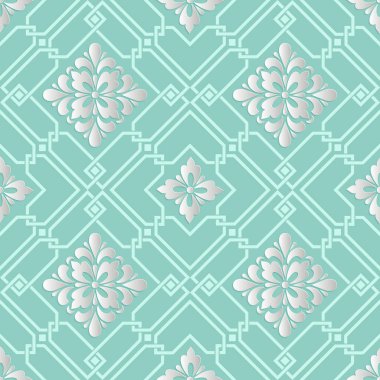 Vektör damaskesiz şablon arkaplanı. Duvar kağıtları, arka planlar ve sayfaları doldurmak için şık lüks dokular. Gölgeli ve röfleli üç boyutlu elementler. Kağıt kesiği.