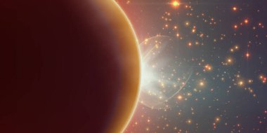 Gezegeninin soyut turuncu arka planı ve yıldızının tutulması. Gezegen kenarından parlayan parlak yıldız ışığı bir çıkıntıya sahiptir. Arkaplanda parıldayan yıldızlar.