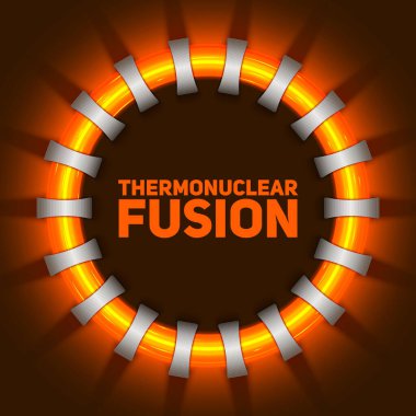 Termonükleer füzyon reaktörünün vektör çizimi. Toroidal alan bobinlerinde plazma akımı akıyor. Tokamak ya da stellator basitleştirilmiş yapı. Kırmızı enerji parıltısı.