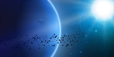 Gezegen ve asteroit halkası olan soyut mavi arka plan. Köşede parlayan parlak yıldız ışığı kabarır. Arka planda uzak yıldızların parıltıları.