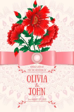 Düğün davetiyesi. Çiçekli davetiye kartı ve metin içeren zarif çerçeve. Yeşil yapraklı kırmızı çiçekler.