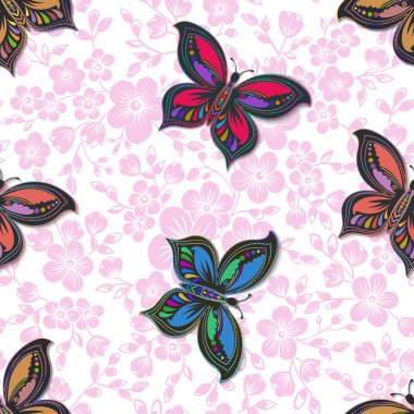 Vektör çiçek kusursuz desen elementi. Arkaplan için zarif bir doku. Kelebek ve çiçeklerle.