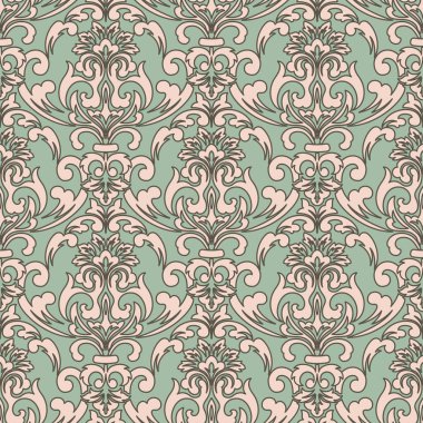 Vektör damask Dikişsiz desen arka plan. Klasik lüks eski moda damask süsleme, duvar kağıtları, tekstil, sarma için Kraliyet Viktorya Dikişsiz doku. Nefis çiçek Barok şablonu.