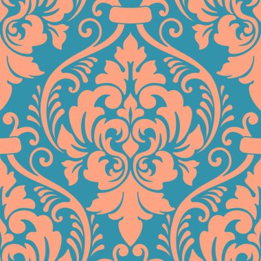 Vektör damaske desen elementi. Klasik lüks, eski moda İspanyol süsü, duvar kağıtları, tekstil ve ambalaj için kraliyet Victoria dönemi dikişsiz dokusu. Zarif çiçekli barok şablonu.