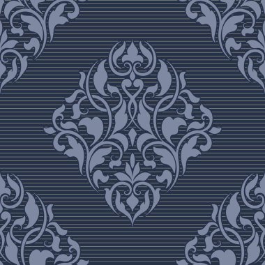 Vektör damaske desen elementi. Klasik lüks, eski moda İspanyol süsü, duvar kağıtları, tekstil ve ambalaj için kraliyet Victoria dönemi dikişsiz dokusu. Zarif çiçekli barok şablonu.