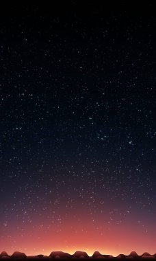 Yıldızlı gece gökyüzü. Dağ manzaralı soyut vektör arkaplanı ve yıldızlı gökyüzü. Dağların arkasında güneş parlıyor. Uzak gezegende sabah. Arka planda yabancı yıldızların parıltıları.
