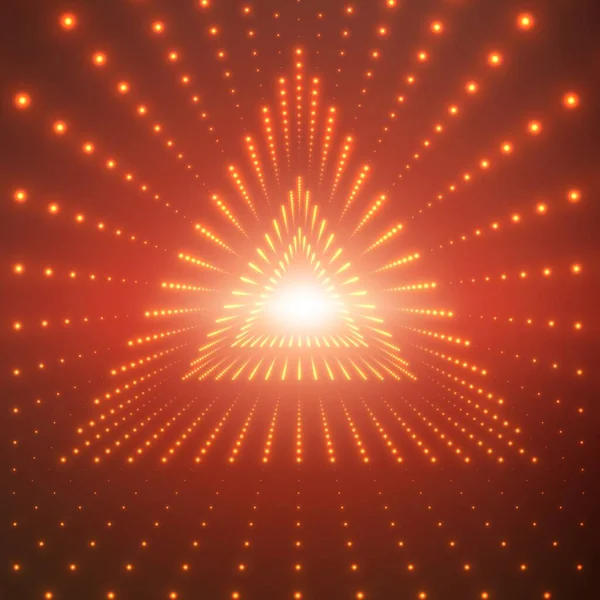 Vector Infinite Triangular Tunnel Shining Flares Red Background Glowing Points — Stock Vector