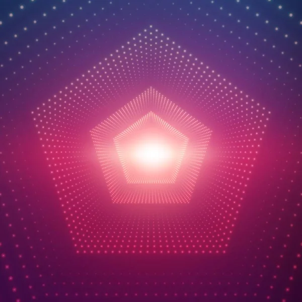 Vektor Oändlig Pentagonal Tunnel Lysande Facklor Violett Bakgrund Glödpunkter Bildar — Stock vektor