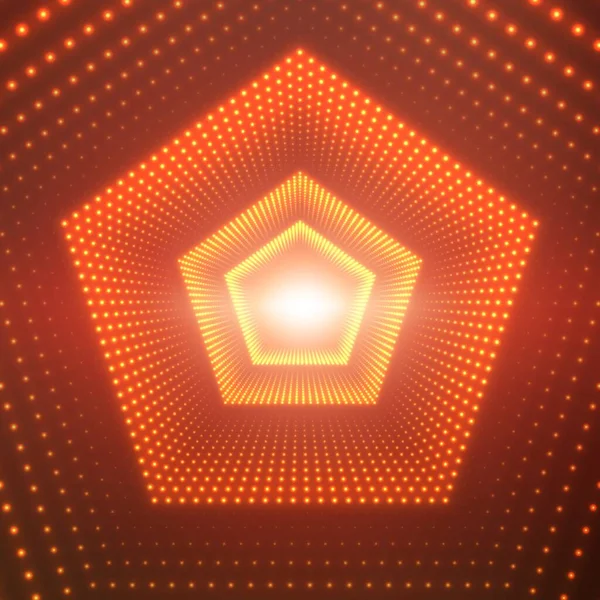 Векторный Бесконечный Пятиугольный Туннель Сияющих Вспышек Оранжевом Фоне Светящиеся Точки — стоковый вектор