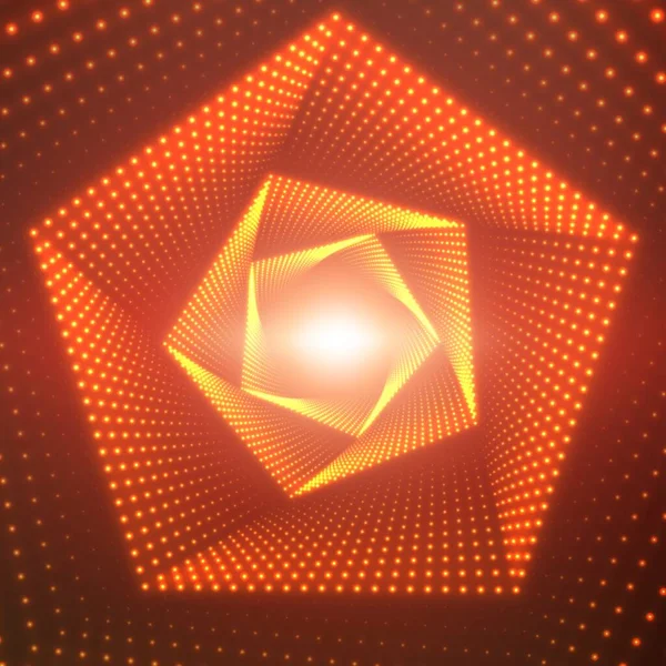 在橙色背景上 矢量无限五边形扭曲的闪光隧道 发光点形成隧道区段 为您的设计提供网络色彩的背景 几何墙纸 — 图库矢量图片