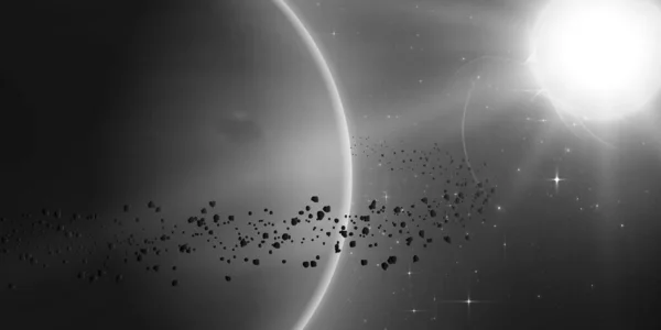 Absztrakt Vektor Monokróm Háttér Bolygó Gyűrű Aszteroidák Körül Fényes Csillag — Stock Vector