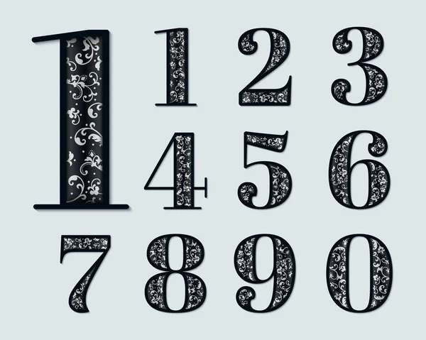 Векторные Номера Элегантными Цветочными Украшениями Внутри Изысканные Декоративные Числа Тенями — стоковый вектор