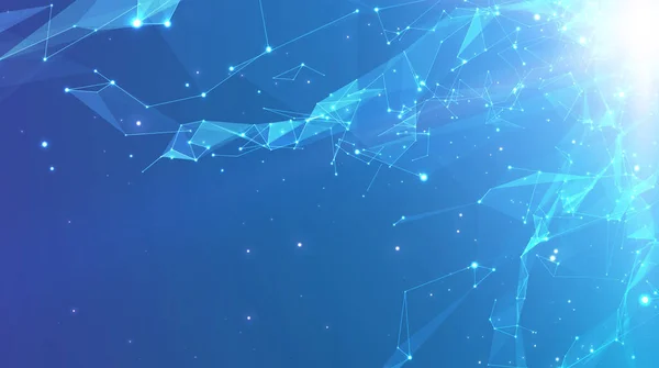 Soyut vektör uzayı mavi arkaplan. Kaotik olarak bağlı noktalar ve uzayda uçan çokgenler. Uçan enkaz. Gelecekçi teknoloji tarzı. İş sunumları için zarif arkaplan.