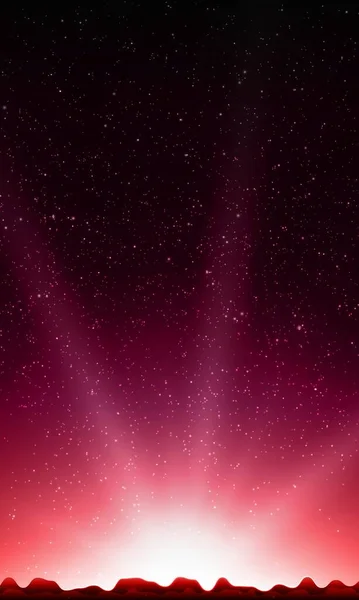 Yıldızlı gece gökyüzü. Dağ manzaralı soyut vektör arkaplanı ve yıldızlı gökyüzü. Dağların üzerinde doğan güneşin parıltısı. Uzak gezegende sabah. Uzaylı yıldızların parıltıları.