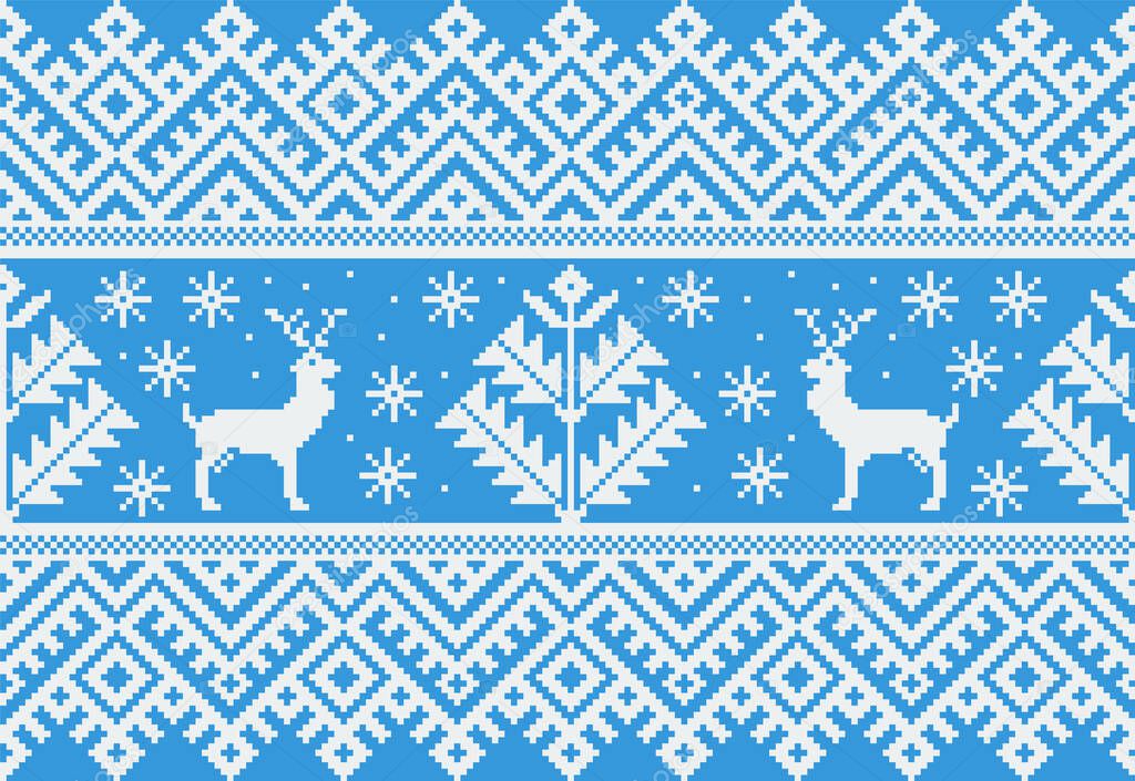 Vector illustration of folk seamless pattern ornament. Ethnic New Year blue ornament with pine trees and deers. Cool ethnic border element for your designs.