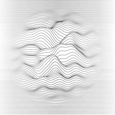 Vektör çizgili arka plan. Soyut çizgi dalgaları. Ses dalgası salınımı. Tuhaf kıvrımlı çizgiler. Zarif dalgalı doku. Yüzey bozulması. Tek renkli olsun. Gri tonlu arkaplan.