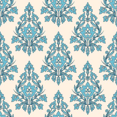 Vektör damask Dikişsiz desen arka plan. Klasik lüks eski moda damask süsleme, duvar kağıtları, tekstil, sarma için Kraliyet Viktorya Dikişsiz doku. Nefis çiçek Barok şablonu.