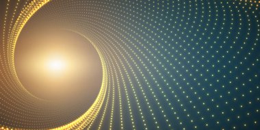 Yeşil arka planda parlayan parlak fişeklerin sonsuz yuvarlak tünelini yönlendir. Parlayan noktalar tünel oluşturur. Soyut renkli siber geçmiş. Zarif modern geometrik duvar kağıdı. Işıldayan noktalar.
