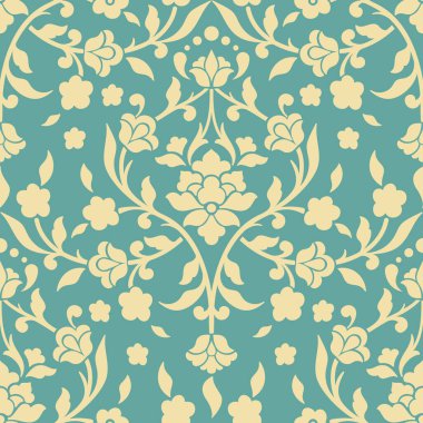Vektör damaske desen elementi. Klasik lüks, eski moda İspanyol süsü, duvar kağıtları, tekstil ve ambalaj için kraliyet Victoria dönemi dikişsiz dokusu. Zarif çiçekli barok şablonu.