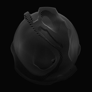 Koyu arkaplanda soyut vektör gri ölçekli ağ küresi. Fütürist stil kartı. İş sunumları için zarif bir geçmiş. Monokrom bozulan nokta küresi. Kaos Estetiği.