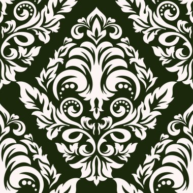 Vektör damaske desen elementi. Klasik lüks, eski moda İspanyol süsü, duvar kağıtları, tekstil ve ambalaj için kraliyet Victoria dönemi dikişsiz dokusu. Zarif çiçekli barok şablonu.