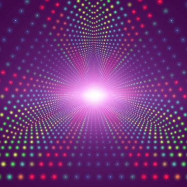 Karanlık arka planda parlayan parlaklıklardan oluşan sonsuz üçgen tüneli yönlendir. Parlayan noktalar tünel sektörlerini oluşturur. Tasarımlarınız için soyut renkli arka plan. Zarif modern geometrik duvar kağıdı.