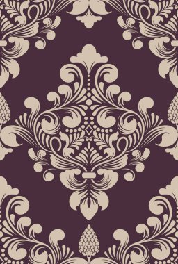 Vektör damaske desen elementi. Klasik lüks, eski moda İspanyol süsü, duvar kağıtları, tekstil ve ambalaj için kraliyet Victoria dönemi dikişsiz dokusu. Zarif çiçekli barok şablonu.