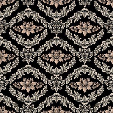 Vektör damask Dikişsiz desen arka plan. Klasik lüks eski moda damask süsleme, duvar kağıtları, tekstil, sarma için Kraliyet Viktorya Dikişsiz doku. Nefis çiçek Barok şablonu.