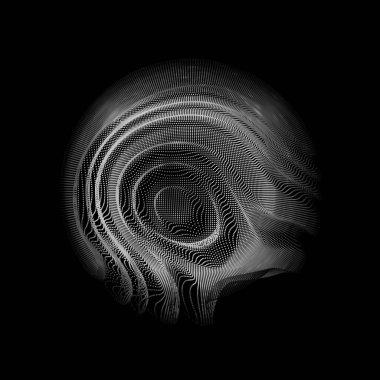 Karanlık arkaplanda soyut vektör beyaz ağ küresi. Fütürist stil kartı. İş sunumları için zarif bir geçmiş. Yerçekimsel olarak bozulmuş nokta küresi. Kaos Estetiği.