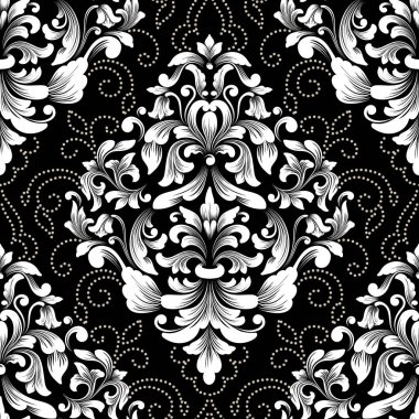 Vektör damaske desen elementi. Klasik lüks, eski moda İspanyol süsü, duvar kağıtları, tekstil ve ambalaj için kraliyet Victoria dönemi dikişsiz dokusu. Zarif çiçekli barok şablonu.