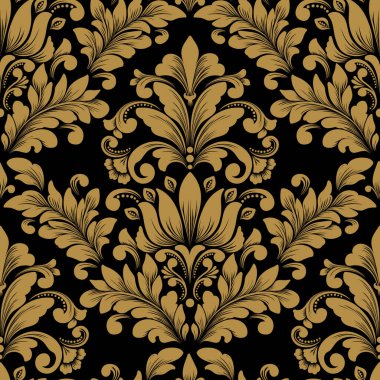 Vektör damaske desen elementi. Klasik lüks, eski moda İspanyol süsü, duvar kağıtları, tekstil ve ambalaj için kraliyet Victoria dönemi dikişsiz dokusu. Zarif çiçekli barok şablonu.
