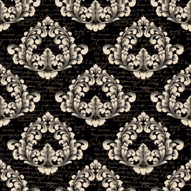 Eski metni olan vektör damaskesiz şablon arkaplan. Klasik lüks, eski moda İspanyol aksesuarı. Duvar kağıtları için kraliyet Victoria dönemi dikişsiz dokusu, tekstil. Zarif çiçekli barok şablonu.