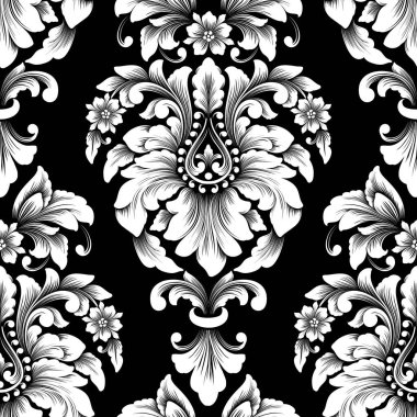 Vektör damaske desen elementi. Klasik lüks, eski moda İspanyol süsü, duvar kağıtları, tekstil ve ambalaj için kraliyet Victoria dönemi dikişsiz dokusu. Zarif çiçekli barok şablonu.