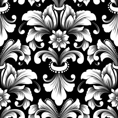 Vektör damaske desen elementi. Klasik lüks, eski moda İspanyol süsü, duvar kağıtları, tekstil ve ambalaj için kraliyet Victoria dönemi dikişsiz dokusu. Zarif çiçekli barok şablonu.