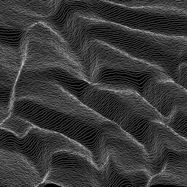 Vektör çizgili gri tonlama arkaplanı. Soyut çizgi dalgaları. Ses dalgası salınımı. Tuhaf kıvrımlı çizgiler. Zarif dalgalı doku. Yüzey bozulması. Siyah ve beyaz.
