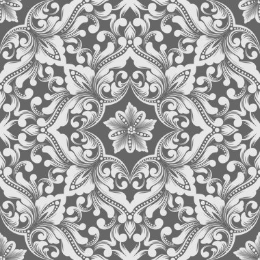 Vektör damaske desen elementi. Klasik lüks, eski moda İspanyol süsü, duvar kağıtları, tekstil ve ambalaj için kraliyet Victoria dönemi dikişsiz dokusu. Zarif çiçekli barok şablonu.