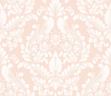 Vektör damaske desen elementi. Klasik lüks, eski moda İspanyol süsü, duvar kağıtları, tekstil ve ambalaj için kraliyet Victoria dönemi dikişsiz dokusu. Zarif çiçekli barok şablonu.