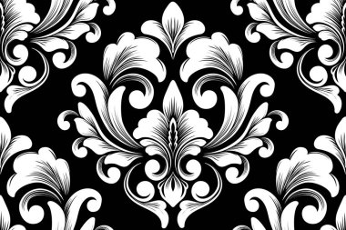 Vektör damaske desen elementi. Klasik lüks, eski moda İspanyol süsü, duvar kağıtları, tekstil ve ambalaj için kraliyet Victoria dönemi dikişsiz dokusu. Zarif çiçekli barok şablonu.