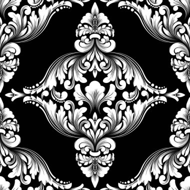 Vektör damaske desen elementi. Klasik lüks, eski moda İspanyol süsü, duvar kağıtları, tekstil ve ambalaj için kraliyet Victoria dönemi dikişsiz dokusu. Zarif çiçekli barok şablonu.
