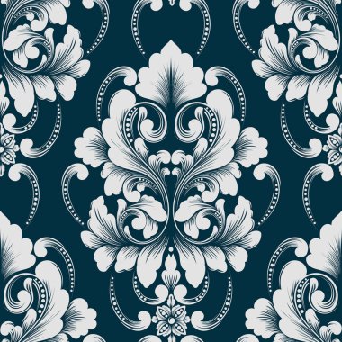 Vektör damaske desen elementi. Klasik lüks, eski moda İspanyol süsü, duvar kağıtları, tekstil ve ambalaj için kraliyet Victoria dönemi dikişsiz dokusu. Zarif çiçekli barok şablonu.