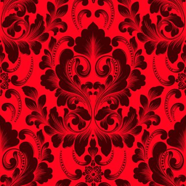 Vektör damaske desen elementi. Klasik lüks, eski moda İspanyol süsü, duvar kağıtları, tekstil ve ambalaj için kraliyet Victoria dönemi dikişsiz dokusu. Zarif çiçekli barok şablonu.